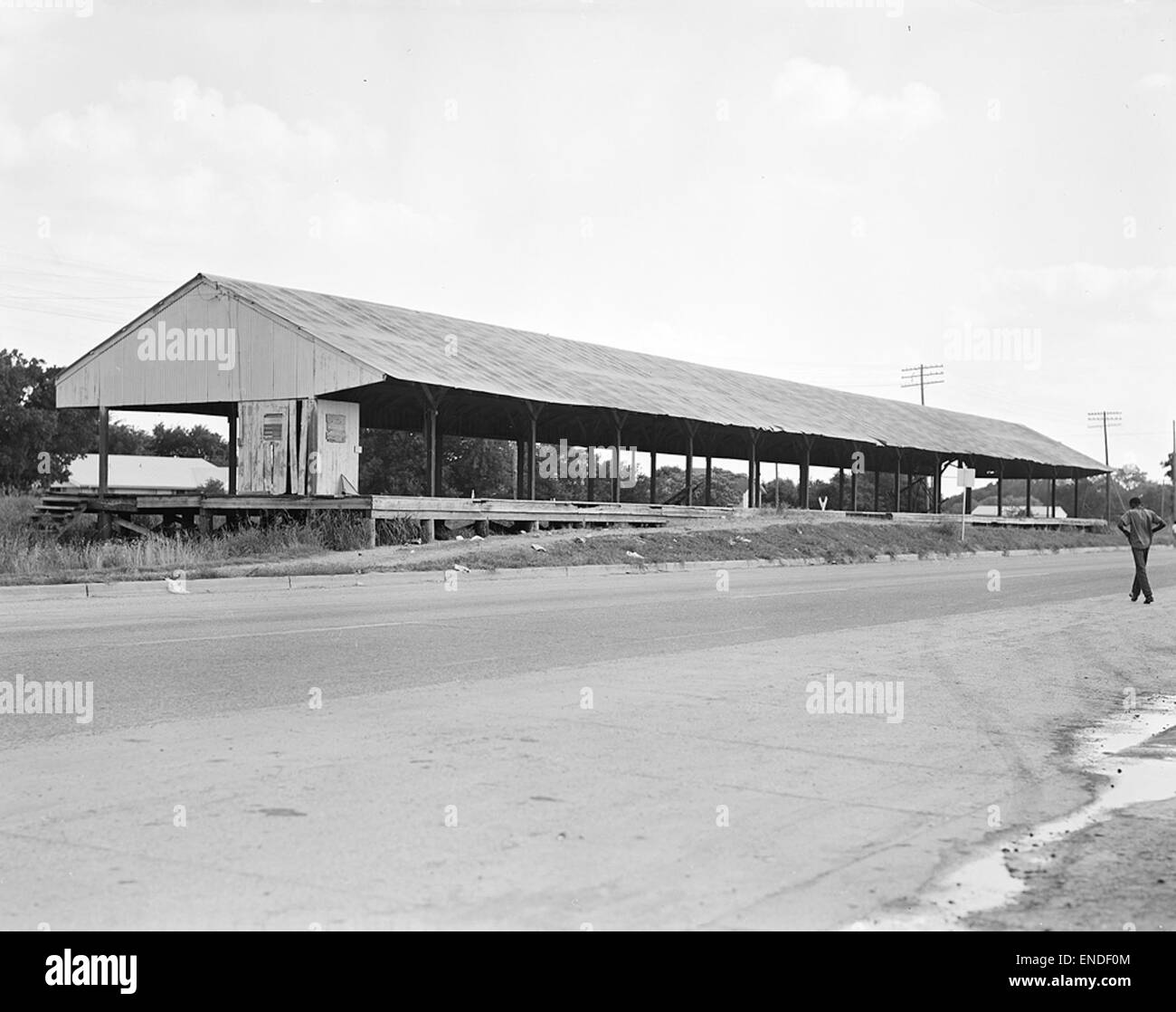 Der Baumwoll-Ladeschuppen der Missouri-Kansas-Texas Railway in Caddo Mills, Texas, ist ein historisches Bauwerk, das für die Baumwollindustrie und den Eisenbahnbetrieb in der Region unverzichtbar ist. Dieses Werk unterstreicht die Beziehung zwischen Landwirtschaft und Verkehr im 20. Jahrhundert. Stockfoto