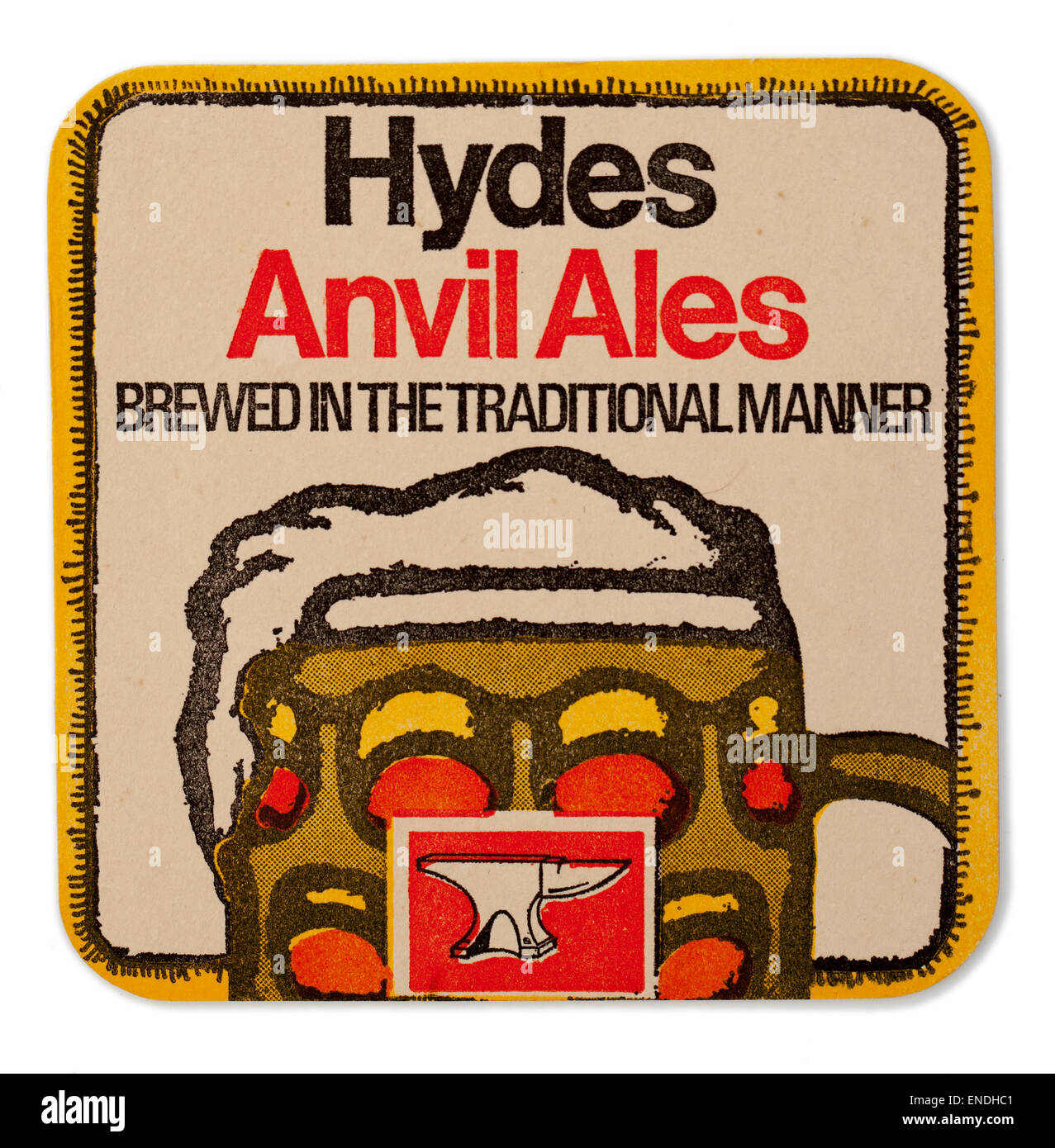 Vintage britische Mat Werbung Hydes Bierbrauerei und seinen Amboss Ale Stockfoto