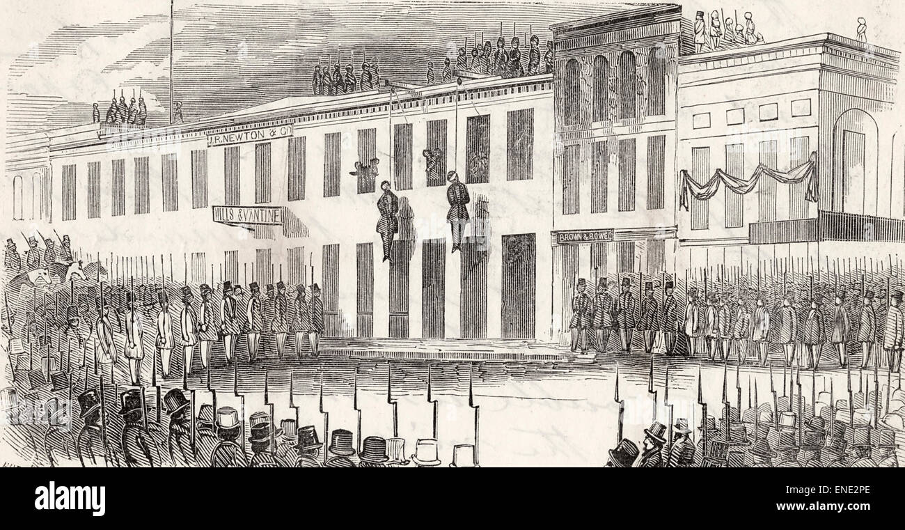 Ausführung von James P. Casey und Charles Cora des Wachsamkeit von San Francisco, Kalifornien. 1856 Stockfoto