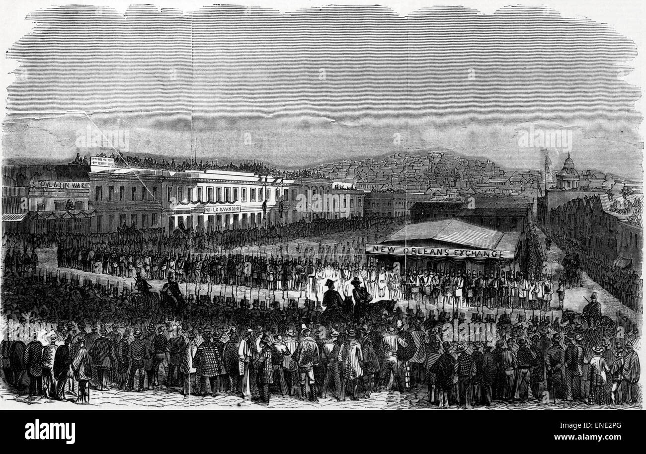 Hängt von James P. Casey und Charles Cora vor der Wachsamkeit Kommissionssäle, San Francisco, Kalifornien. 19. Juli 1856 Stockfoto