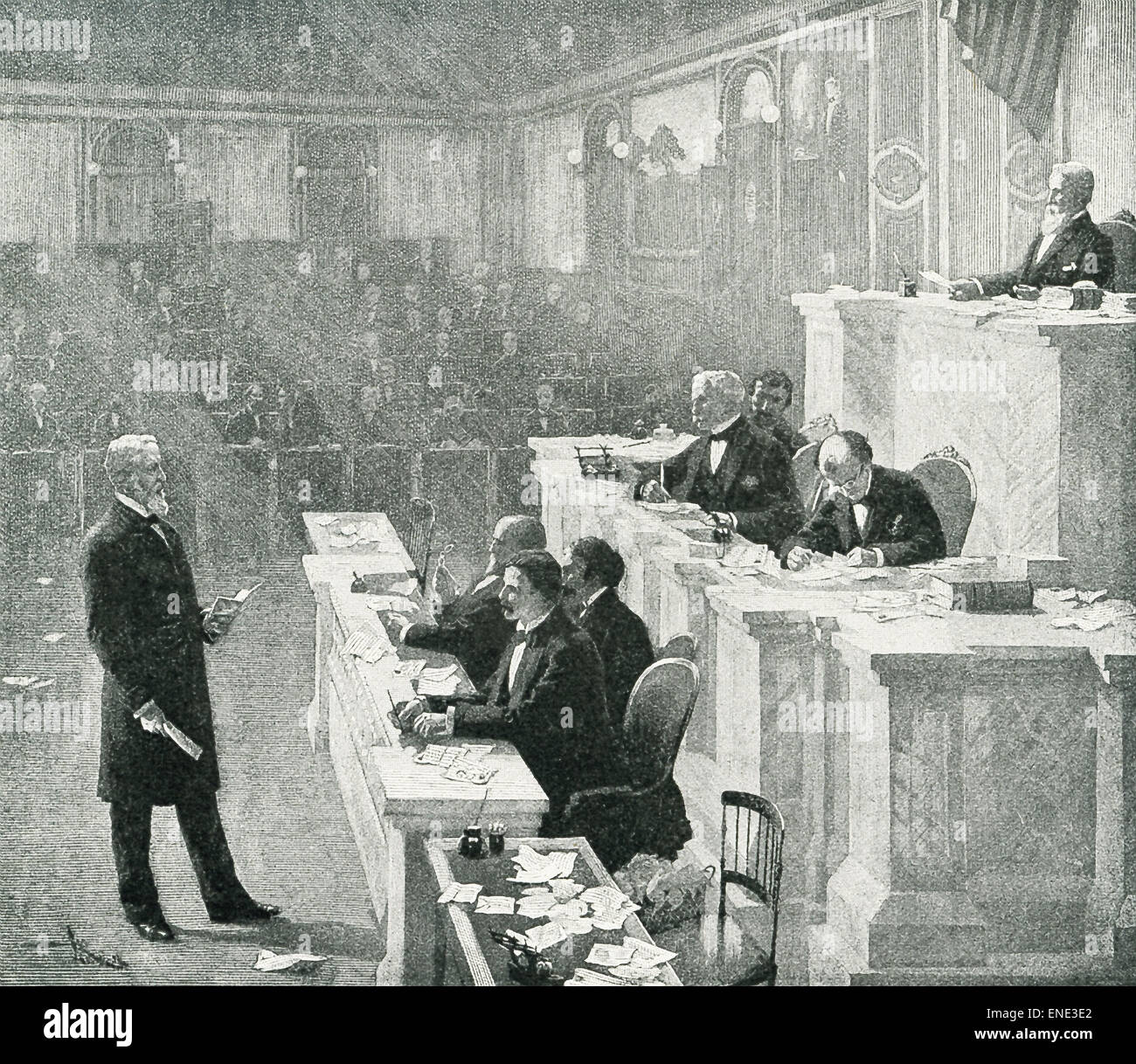 Die folgende Abbildung zeigt die "Mulligan Buchstaben" Szene im House Of Representatives, 5. Juni 1876. "Ich lade das Vertrauen von vierundvierzig Millionen meiner Landsleute, während ich diese Briefe aus dieser Schreibtisch lesen", sagte Sprecher des Hauses James G. Blaine, die beschuldigt wurde, der mit seinen Einfluss, wenn zwischen 1864 und 1876, er schrieb eine Reihe von Buchstaben Earren Fisher, Jr., ein Boston-Geschäftsmann. Die Anklage gegen ihn war, dass er sein politische Büro benutzt hatte, um die Geschicke von Little Rock und Fort Smith Eisenbahn zu fördern. Stockfoto