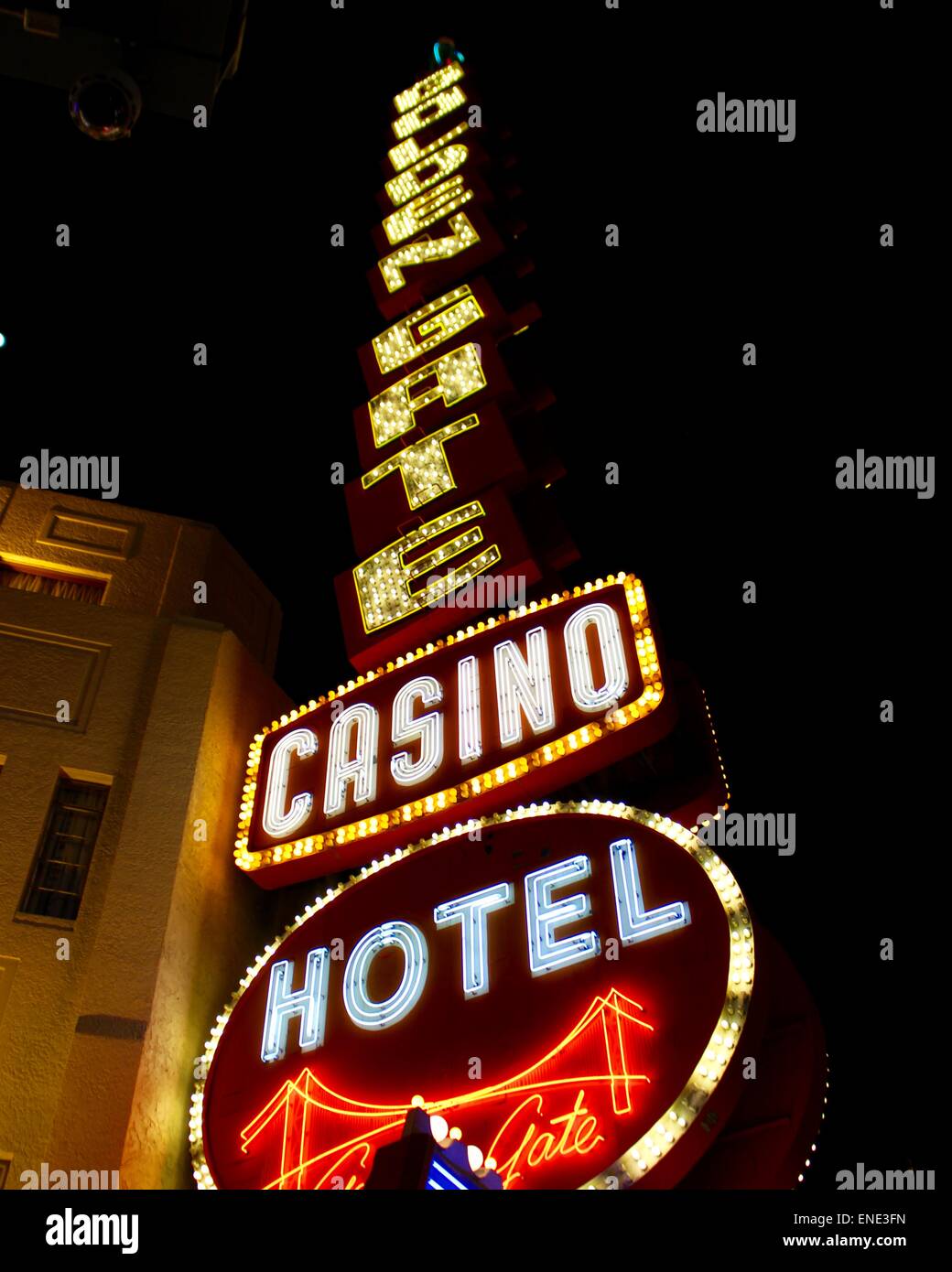 Das Schild am Haupteingang des Golden Gate Hotel and Casino in Las Vegas. Stockfoto