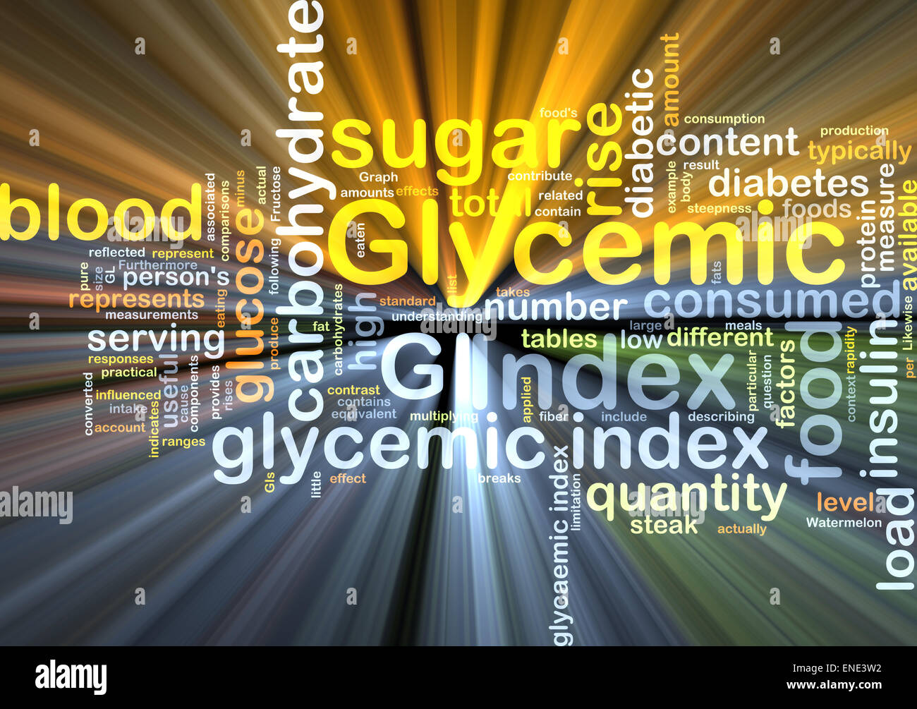Hintergrund Text Muster Konzept Wordcloud Illustration des glykämischen Index glühenden Lichts Stockfoto