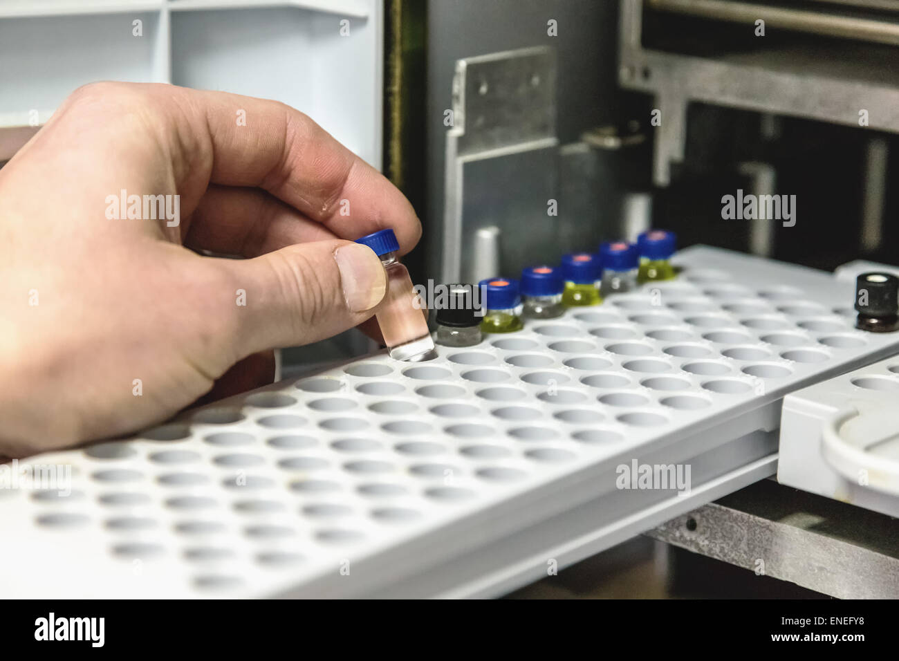 Laborant nimmt kleine Flasche im Forschungslabor Stockfoto