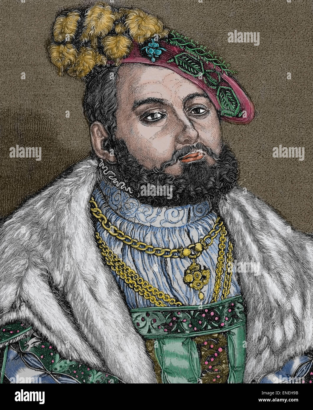 John Frederick rief ich (1503-1554), John der großmütige, Kurfürst von Sachsen und Leiter des Bundes der deutschen Protestanten. Gravur. Porträt. Farbige. Stockfoto