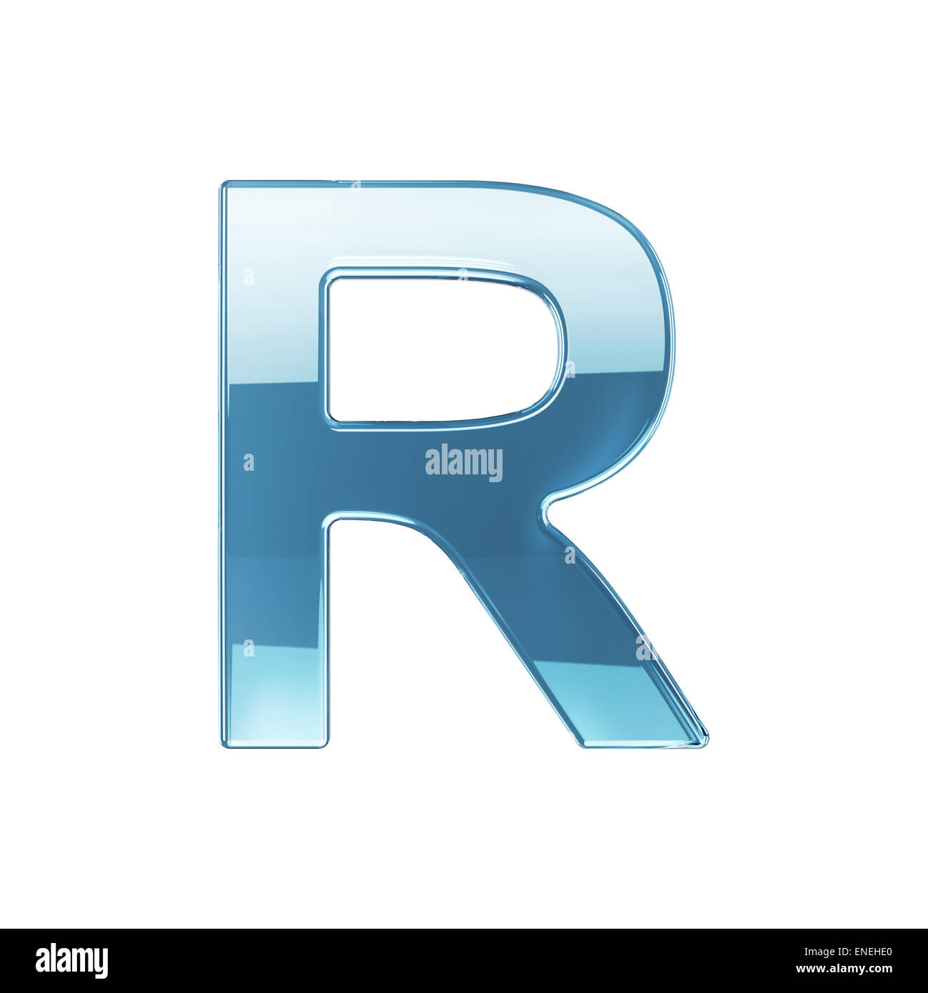 3D Render Glas glänzend transparent Alphabet Buchstaben - R. isoliert auf weißem Hintergrund Stockfoto