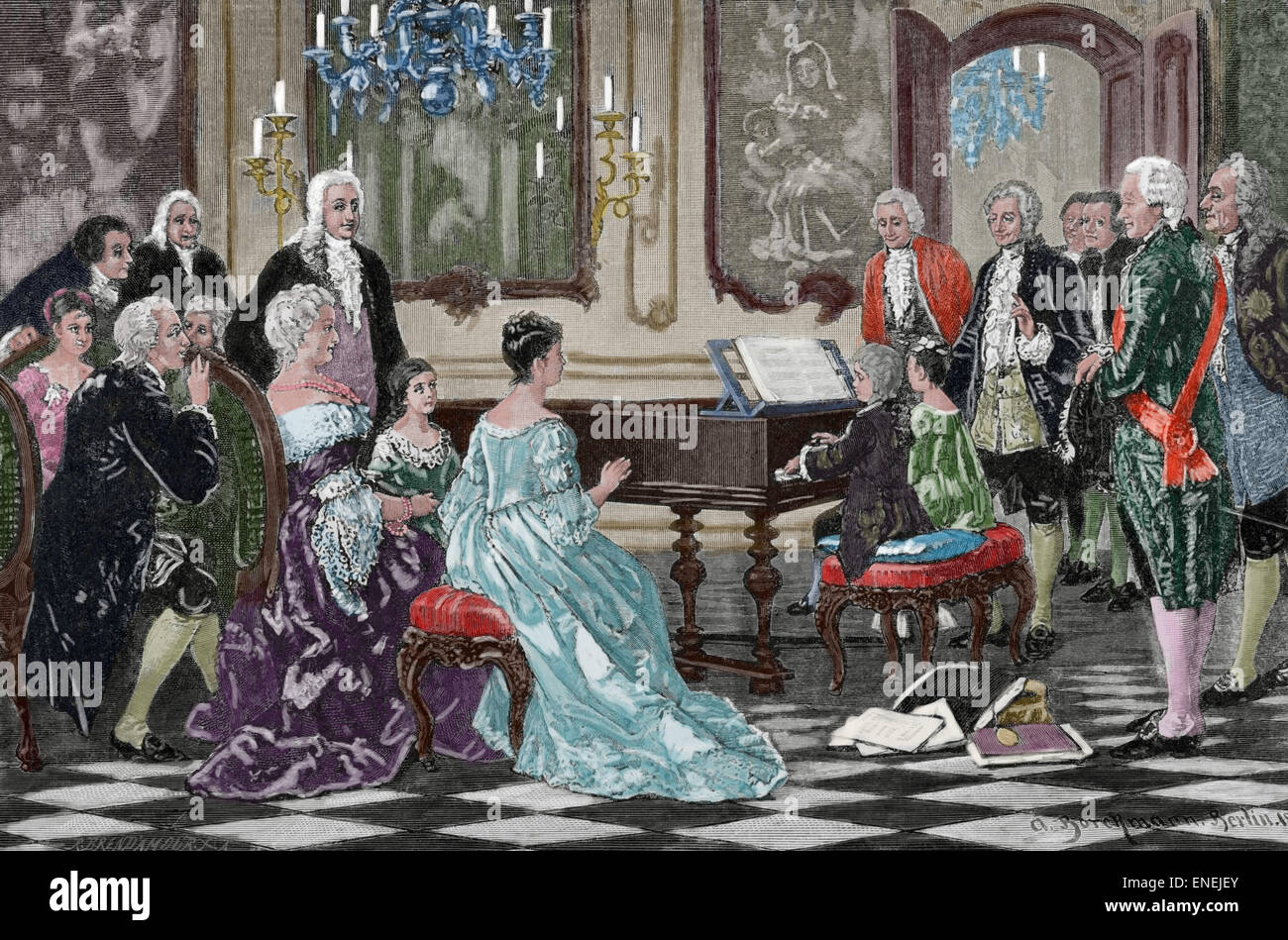 Mozart Familie Grand Tour. Maria Anna (Nannerl) und Wolfgang Amadeus spielen vor der Kaiserin Maria Theresa (1717-1780) am kaiserlichen Hof. Wien, 1762. Kupferstich von R. Brend'Amour. Farbige. Stockfoto