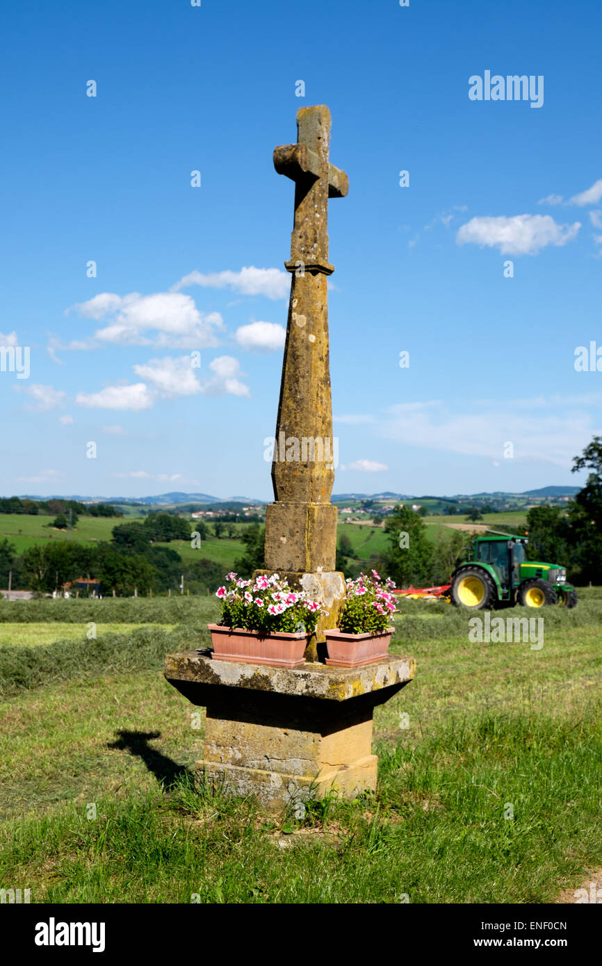 Steinkreuz in Saint-Medard-En-Forez im Loire Zentralfrankreich mit Log Haufen im Garten Stockfoto