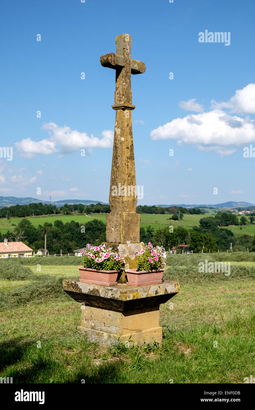 Steinkreuz in Saint-Medard-En-Forez im Loire Zentralfrankreich mit Log Haufen im Garten Stockfoto