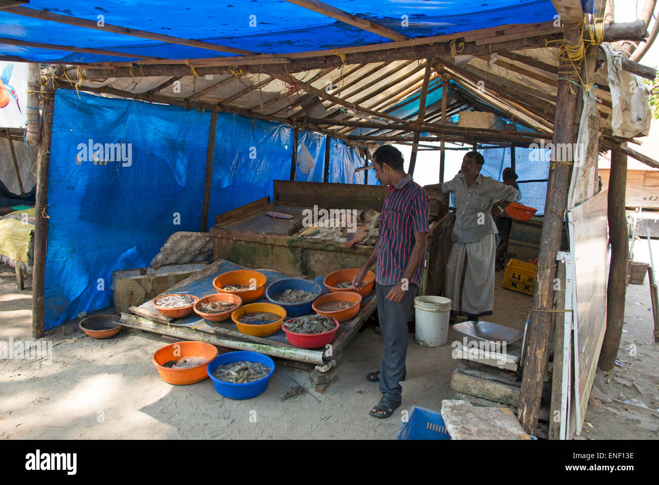 Einer der Frischfischstände auf dem täglichen Straßenmarkt in Fort Cochin in Kochi, Kerala, Indien Stockfoto