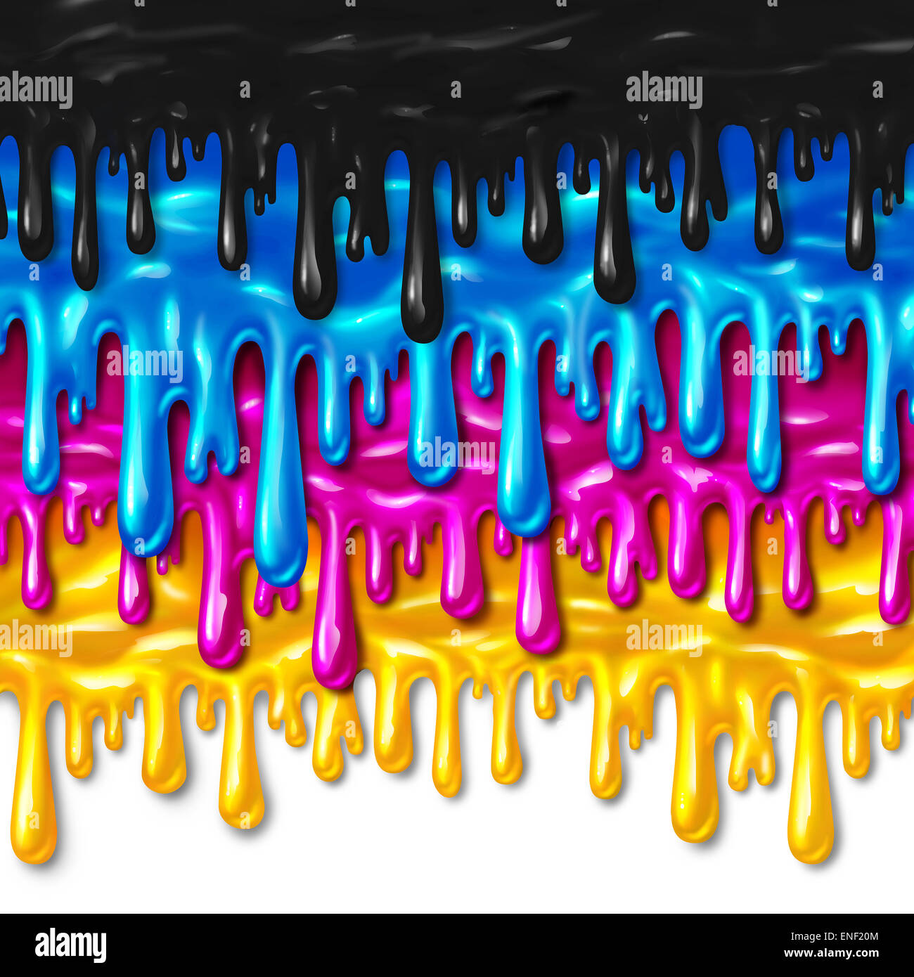 CMYK malen Konzept als nass Gießen Pigment mit schwarz Cyan Magenta und gelb Flüssigfarben verschütten und fließt nach unten als kreativen Ausdruck für den Druck oder die Druckindustrie. Stockfoto