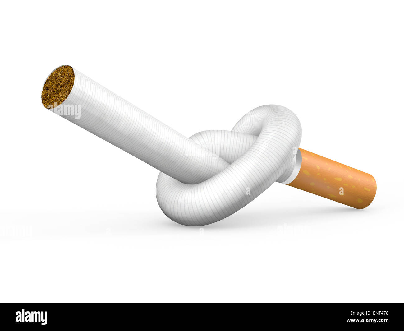 Geknotete Zigarette isoliert auf weißem Hintergrund. Anti-Raucher-Konzept. Stockfoto