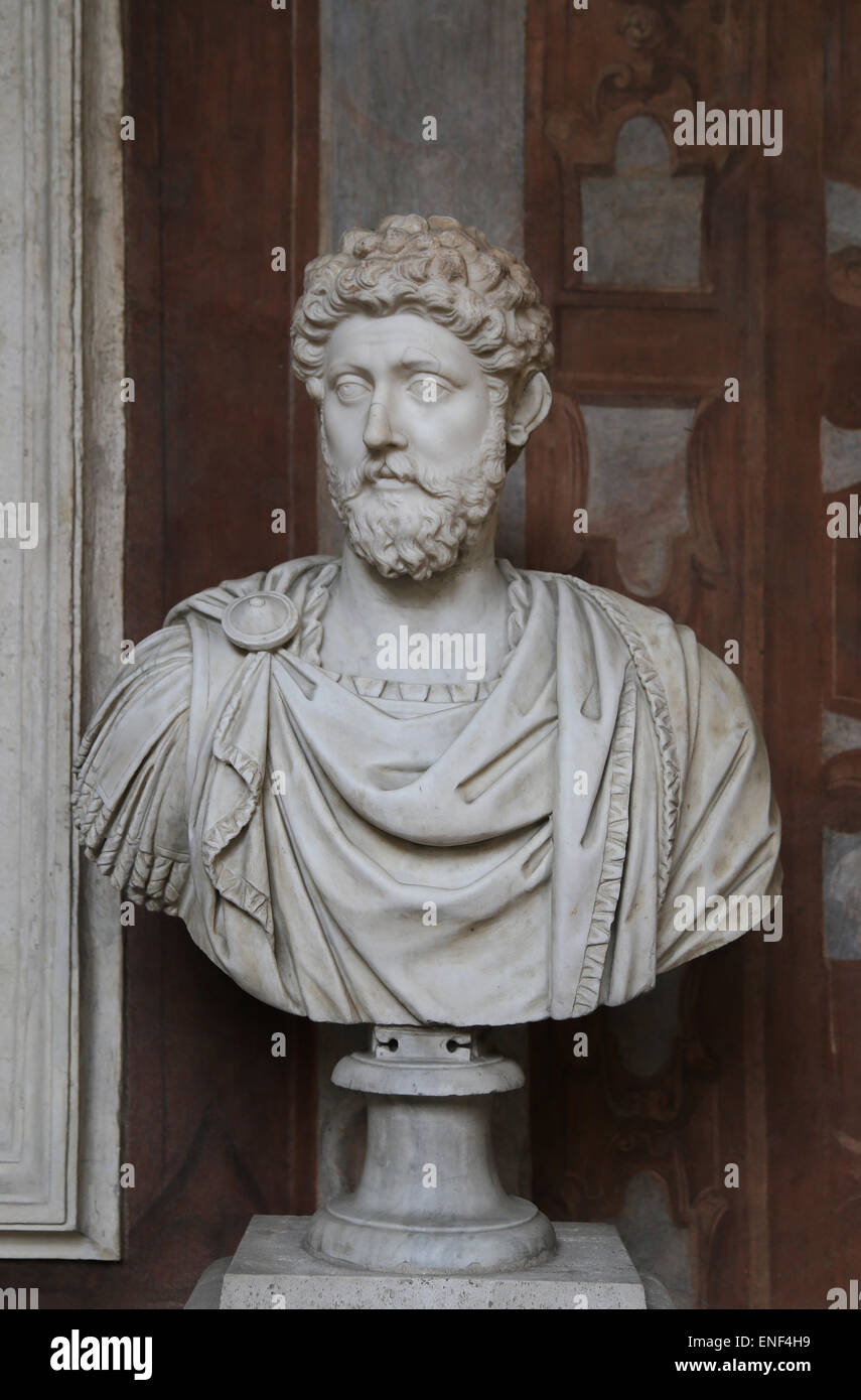 Marcus Aurelius (121-180 n. Chr.). Römischer Kaiser von 161-180. Stoische Philosoph. Antonine Dynastie. Büste. Römische Nationalmuseum. Stockfoto