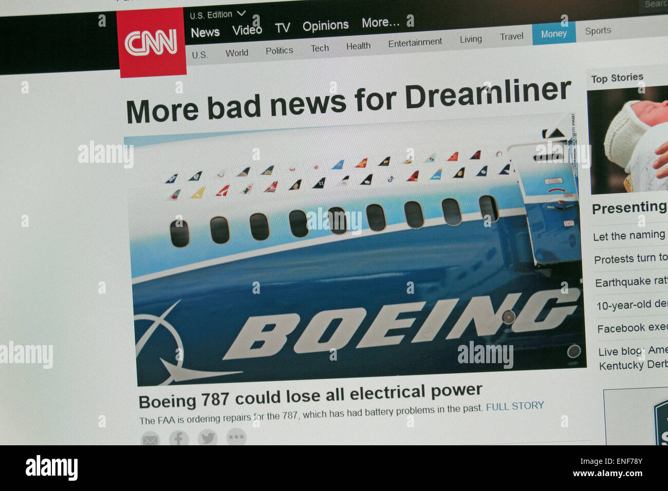 CNN-News-Website melden ein weiteres Problem mit der Boeing 787 Dreamliner im Mai 2015. Stockfoto
