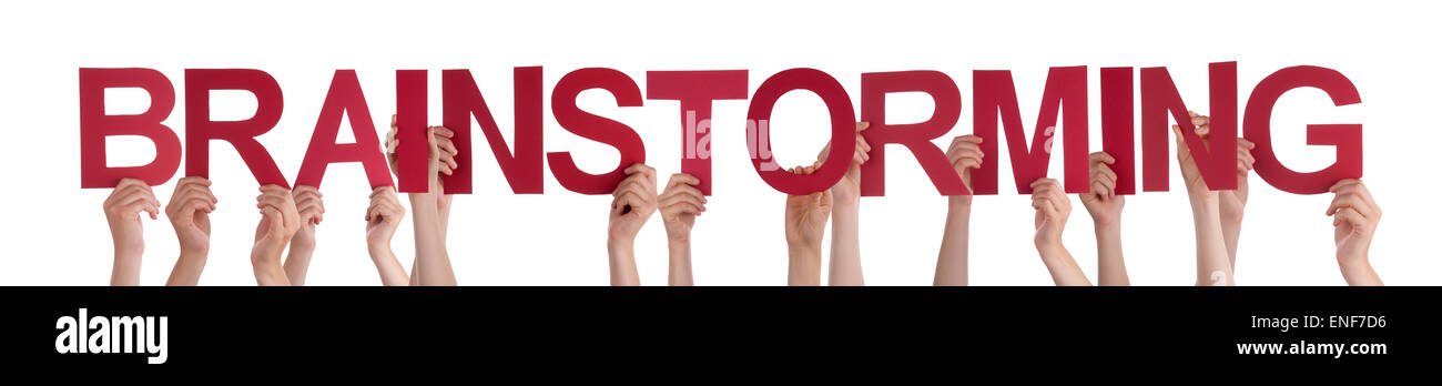 Hände halten rot gerade Wort Brainstorming Stockfoto