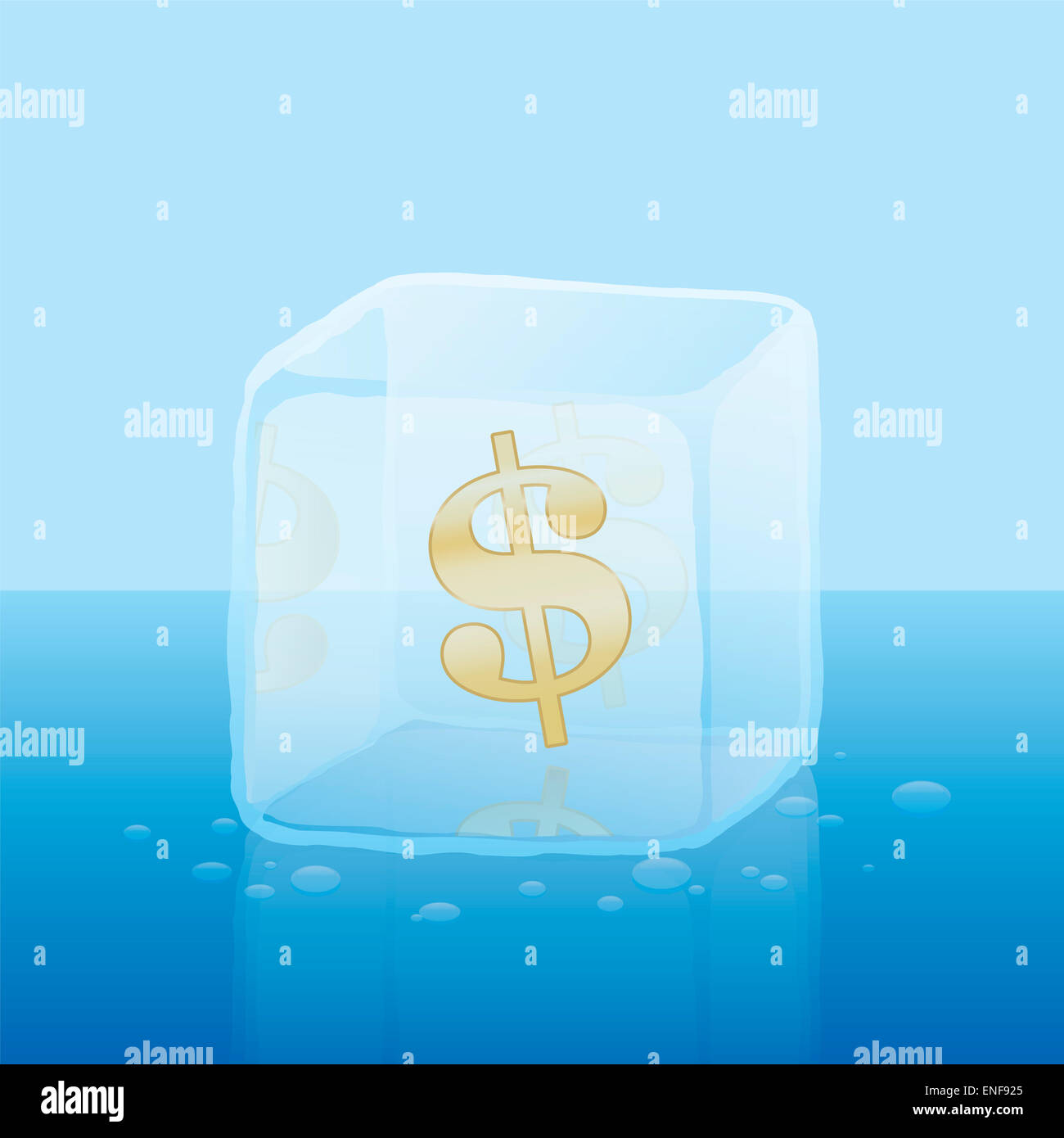 Dollar-Symbol im Inneren einen Eiswürfel als Symbol für gefrorene Kredit- oder gefrorenen Kapital. Stockfoto