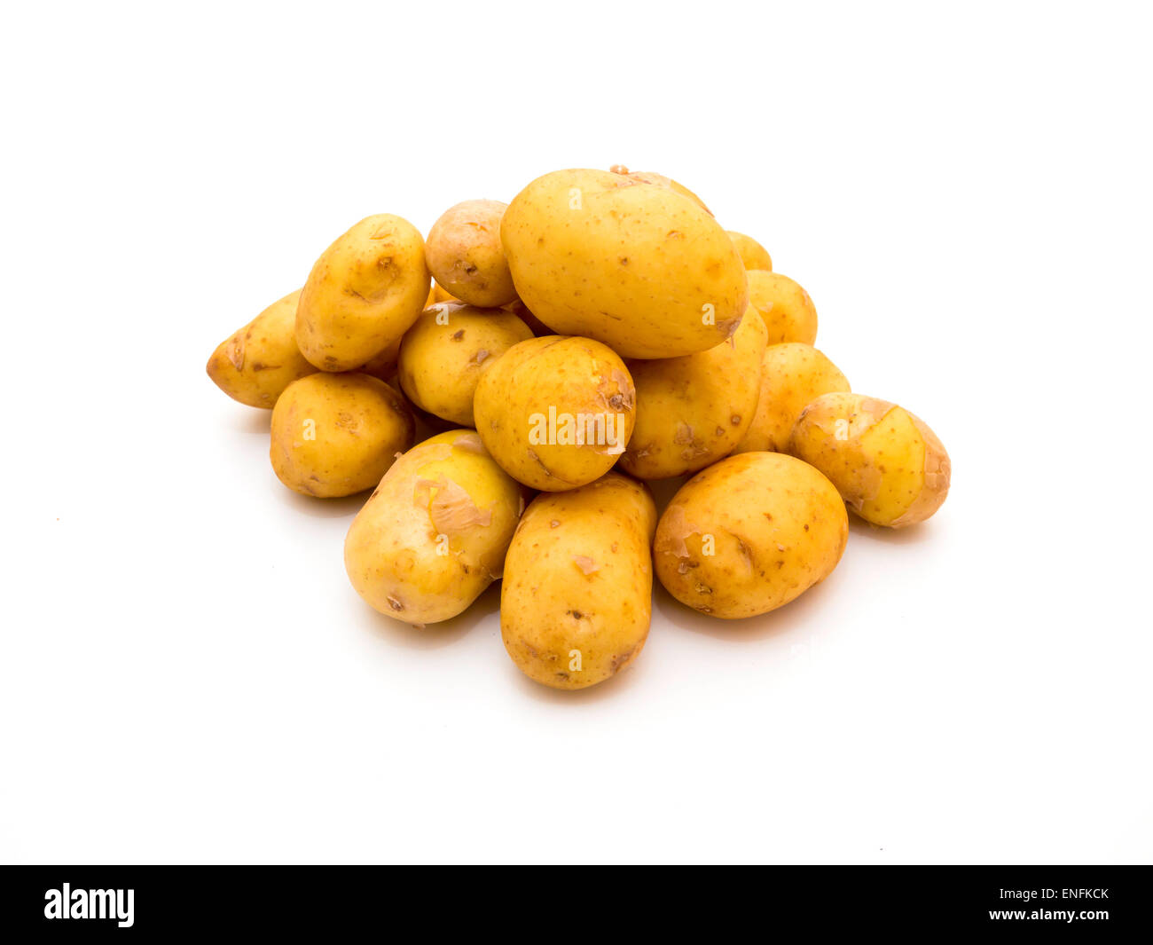 Neuer Ernte Jersey Royal baby-Kartoffeln auf einem weißen Hintergrund Stockfoto