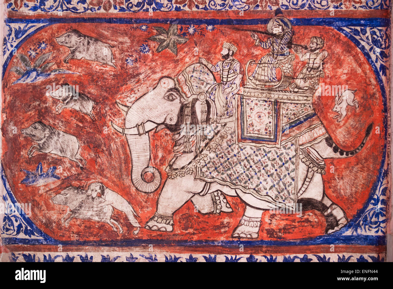 Alten Wandbild Darstellung einer Wildschweinjagd in den Stadtpalast des Maharadschas, Fresko, Udaipur, Rajasthan, Indien Stockfoto Alten Wandbild Darstellung einer Wildschweinjagd in den Stadtpalast des Maharadschas, Fresko, Udaipur, Rajasthan, Indien Stockfoto