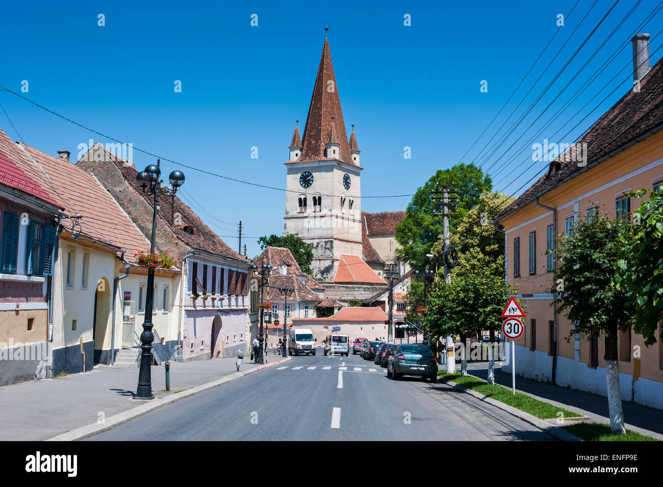 Straße im Zentrum Stadt, Hermannstadt, Heltau, Rumänien Stockfoto