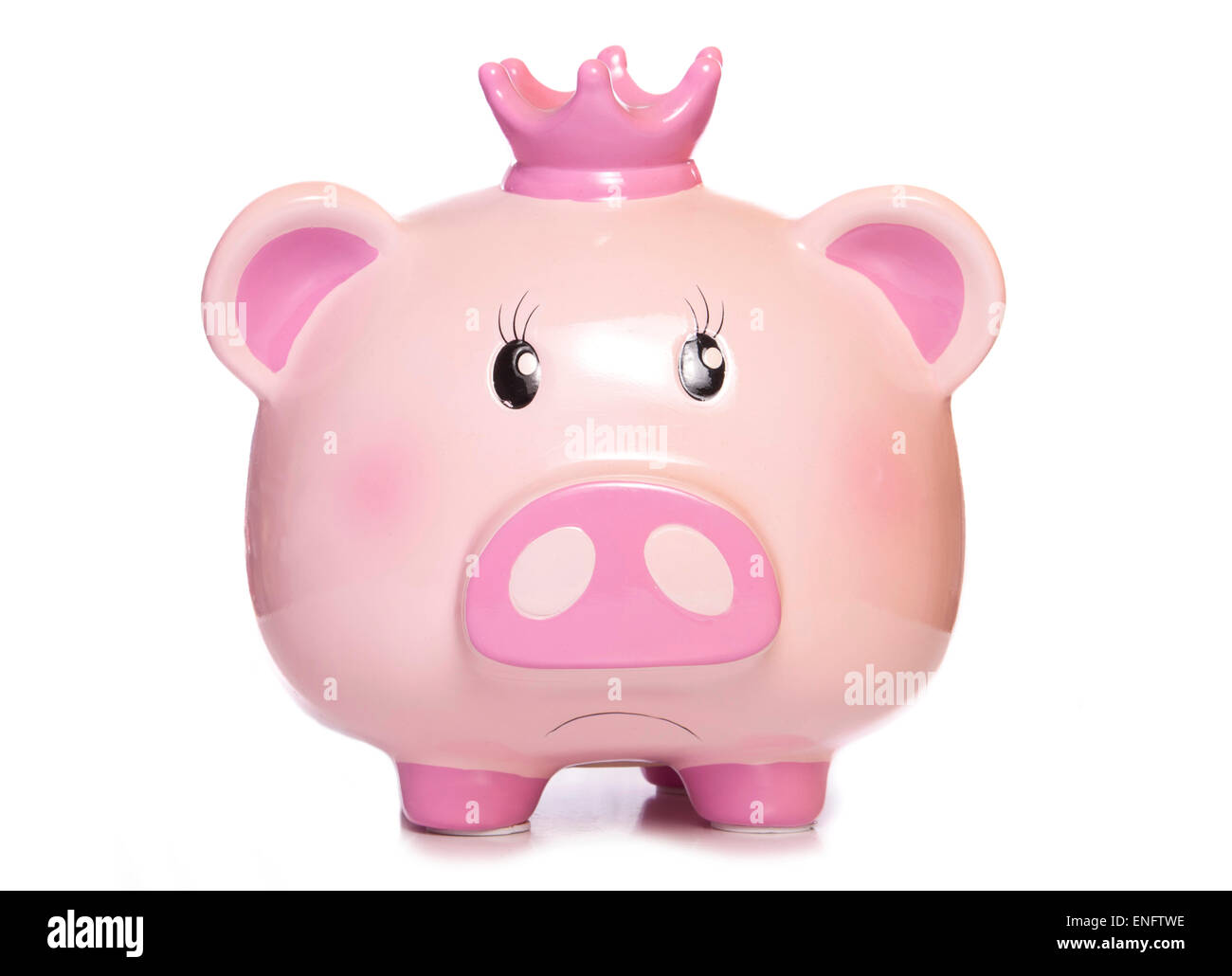 traurig rosa Schwein Sparschwein Ausschnitt Stockfoto