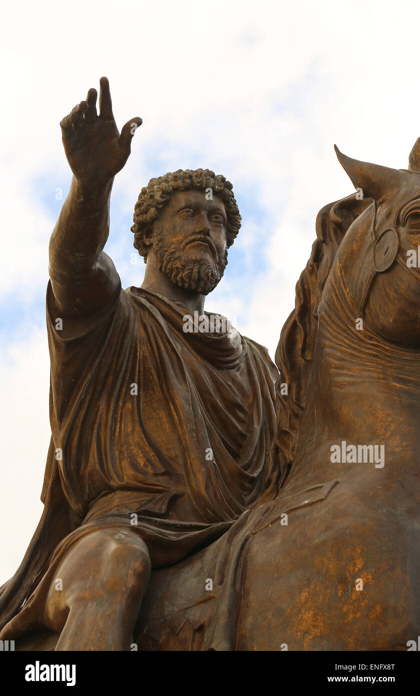 Italien. Rom. Campidoglio. Reiterstatue des Marcus Aurelius. Kopie des 2. AD Original. Stockfoto
