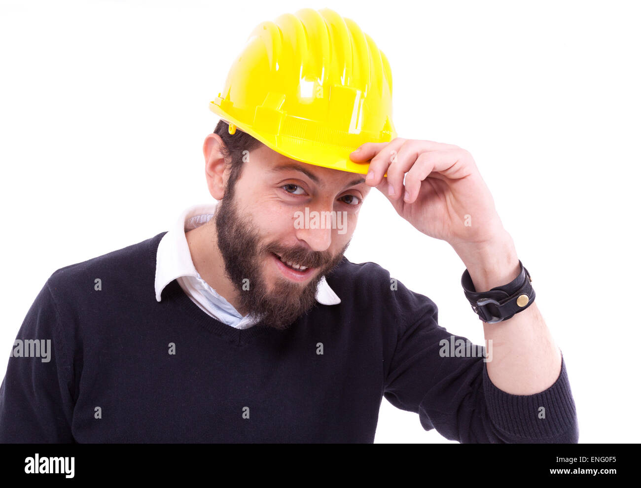 Ein Bild von ein gut aussehender Mann mit einem Bart, Arbeitshelm Stockfoto