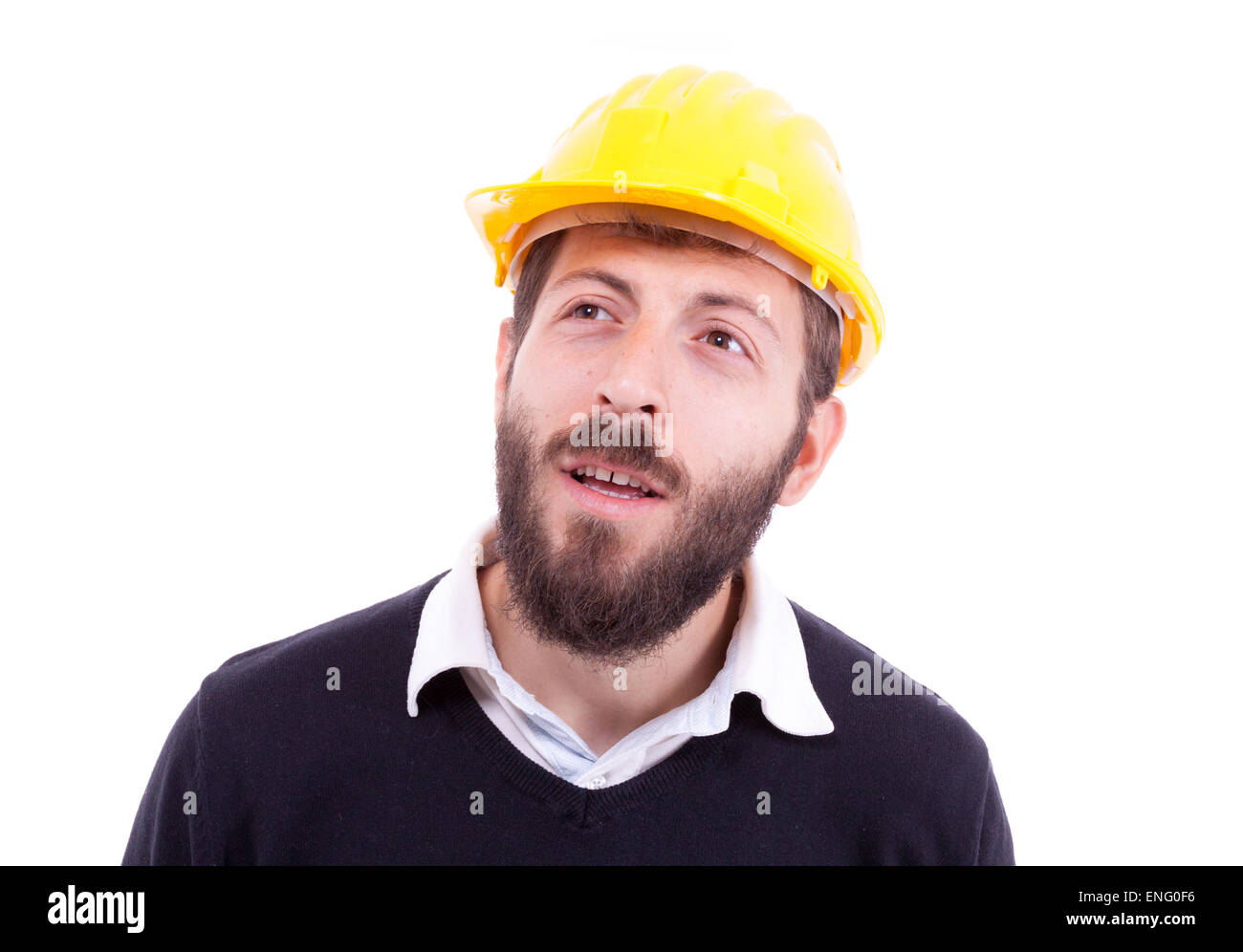 Ein Bild von ein gut aussehender Mann mit einem Bart, Arbeitshelm Stockfoto