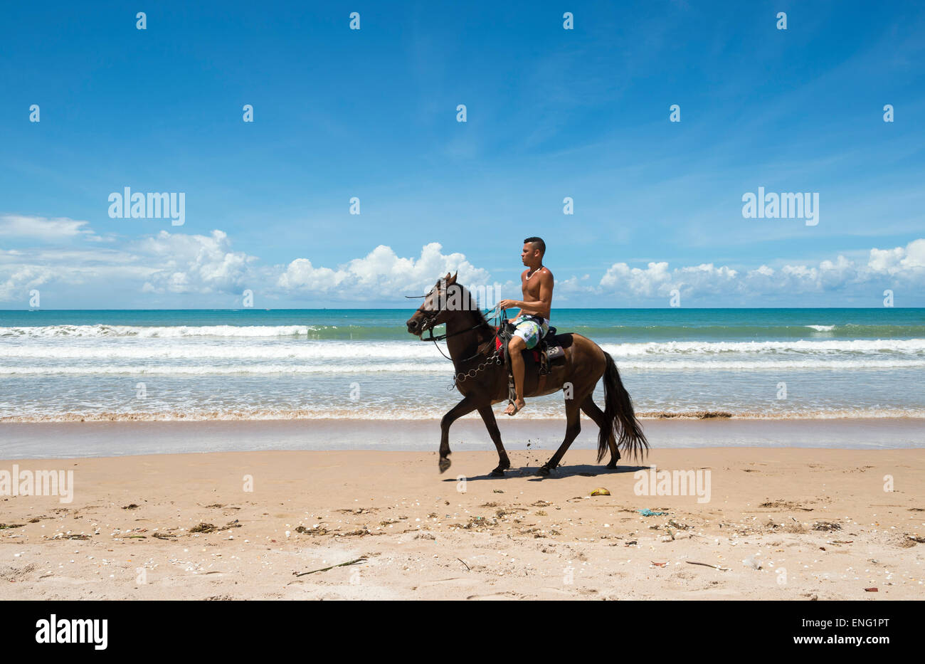 BAHIA, Brasilien - 15. März 2015: Brasilianische Mann reitet sein Pferd an einem breiten Strand entlang. Stockfoto