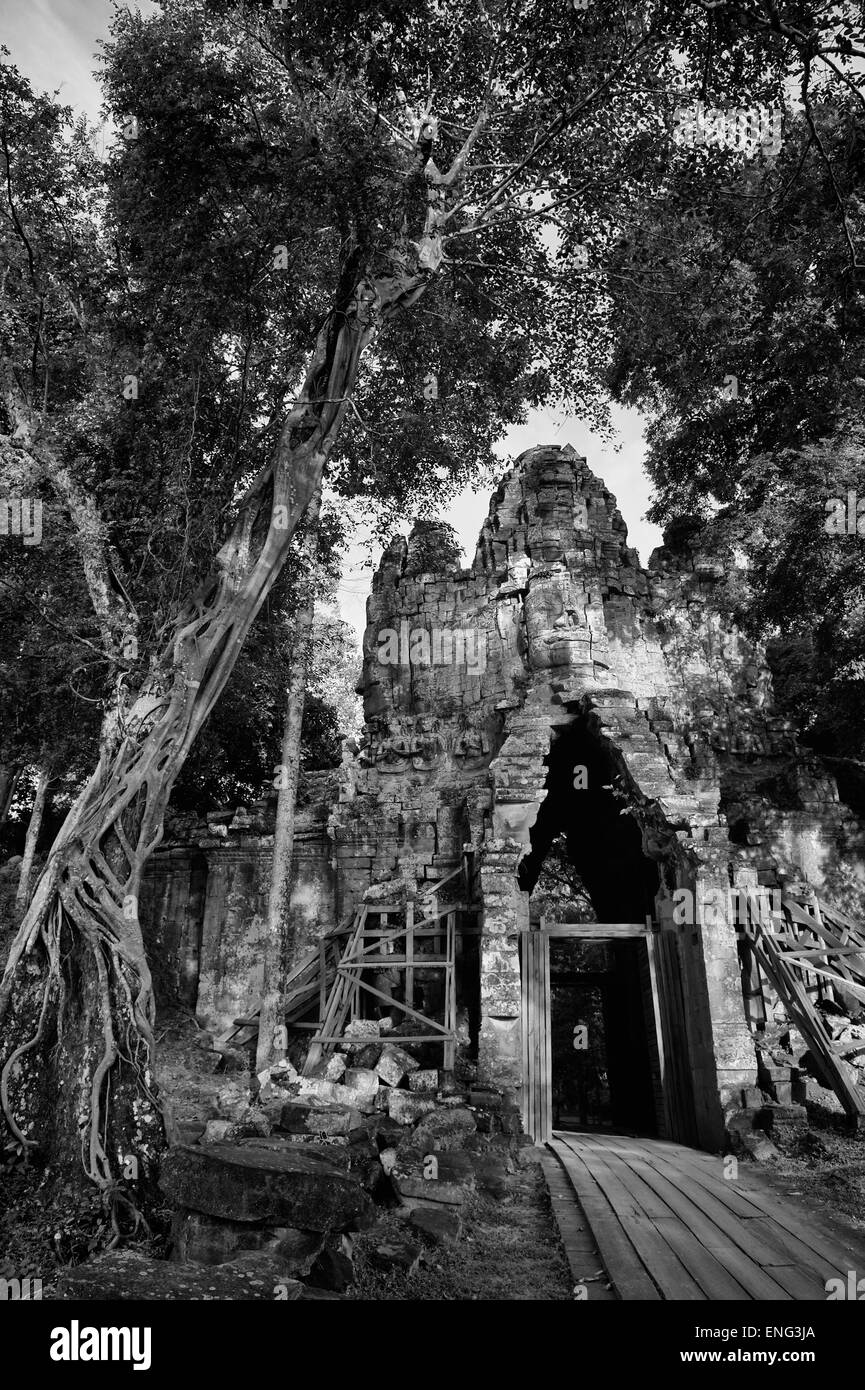 Angkor Thom Westtor monochrome Nahaufnahme aus der Angkor Wat Tempel Komplex in der Nähe von Siem Reap Kambodscha Stockfoto