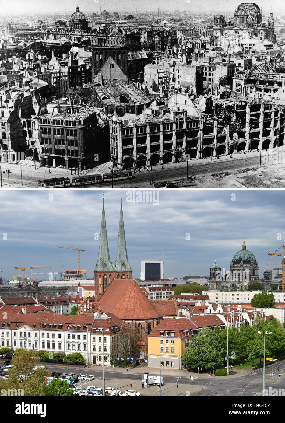 Berlin, Deutschland. 5. Mai 2015. Das obere Luftbild zeigt die Ruinen des Nikolaiviertels mit der Nikolaikirche und dem zerstörten Reichstag auf der linken Seite sowie den Berliner Dom in Berlin Mitte nach dem Ende des Zweiten Weltkriegs im Jahr 1945. Die untere Abbildung zeigt genau die gleiche Ansicht 70 Jahre später am 05. Mai 2015. Fotoarchiv für Zeitgeschichtee und Jens Kalaene - VORSICHT! KEIN ÜBERWEISUNGSSERVICE - Guthaben: dpa Picture Alliance/Alamy Live News Stockfoto