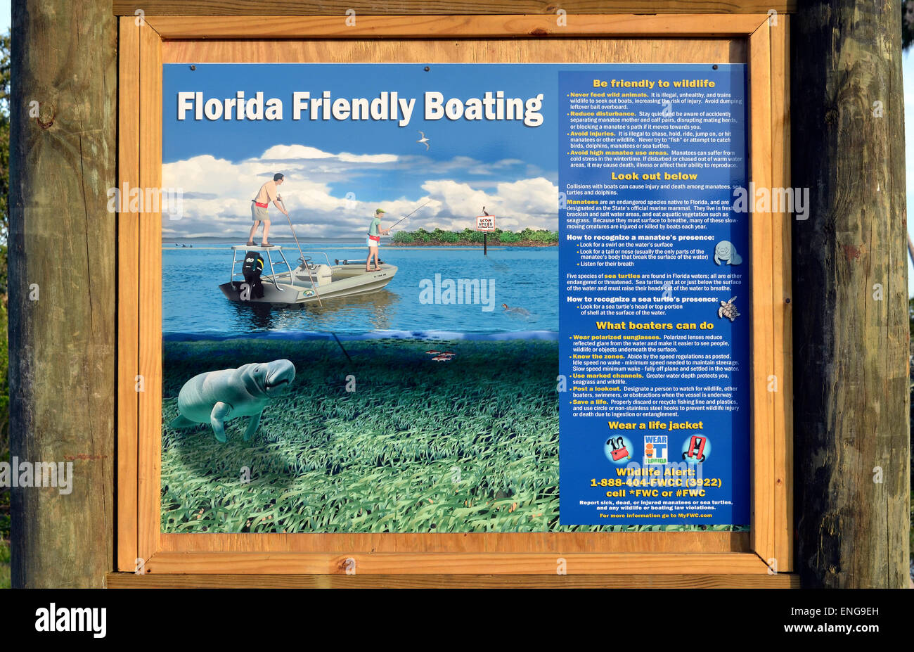 Eine illustrierte Schild an einem Boot Start Site fordert alle Bootsfahrer freundlich zu Florida Tierwelt, vor allem Seekühe, Meeresschildkröten und Delfine sein. Stockfoto