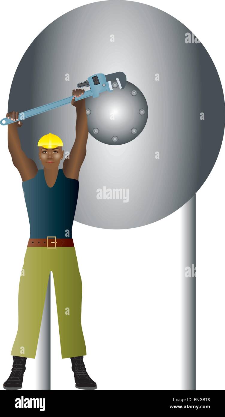Eine Vektor-Illustration eines Maintainence Ingenieurs in einem Schutzhelm lösen von Schrauben auf einem Rohr Flansch auf ein Druckbehälter mit einer Rohrzange Stock Vektor
