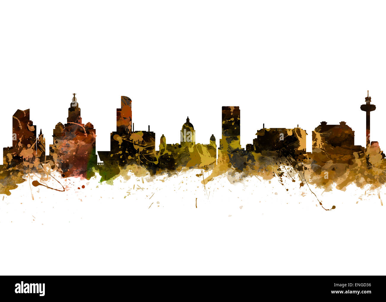 Aquarell Kunstdruck von der Skyline von Liverpool Stockfoto