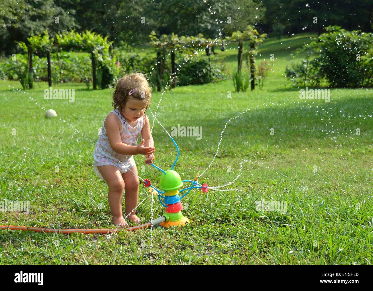 Blondes lockiges Mädchenakt Kleinkind, Kind, spielen mit einem Spielzeug-Sprenger in der Outdoor-Sonne, umgeben von grünen Rasen und Bäumen Stockfoto