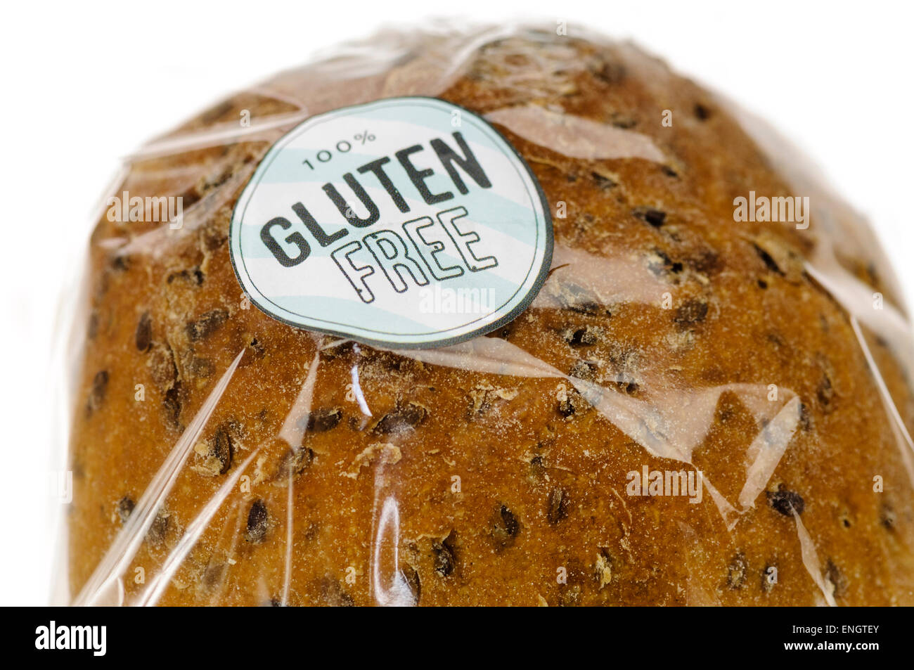 100 % glutenfrei "Aufkleber auf einen Brotlaib braun ausgesät. Stockfoto