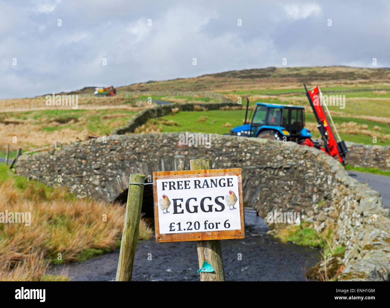 Registrieren Sie kostenlos Angebot Eiern außerhalb Farm auf Birker fiel, Nationalpark Lake District, Cumbria, England UK Stockfoto