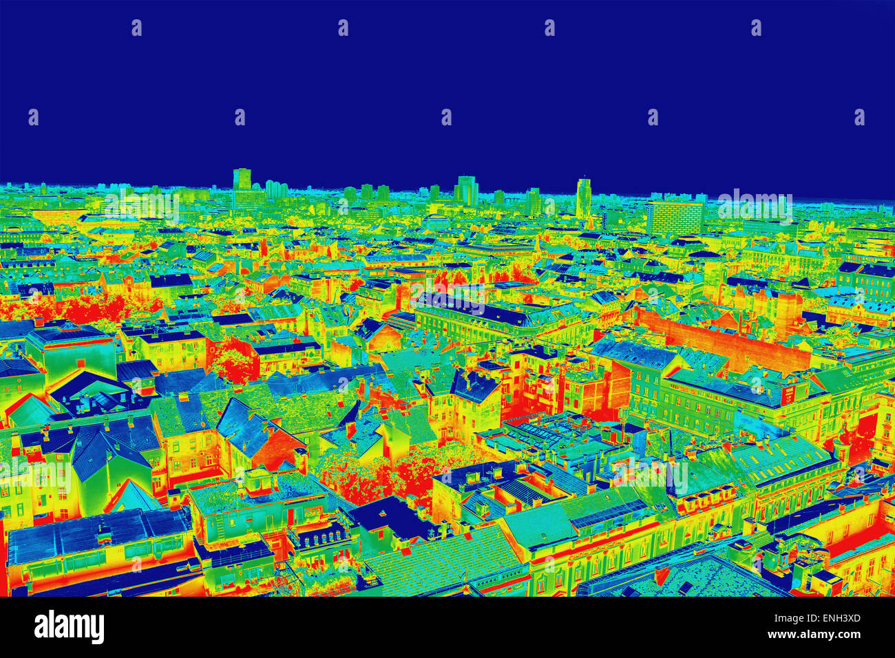Infrarot-Thermografie-Bild-Panorama von Zagreb, zeigt Differenz Temperatur Stockfoto