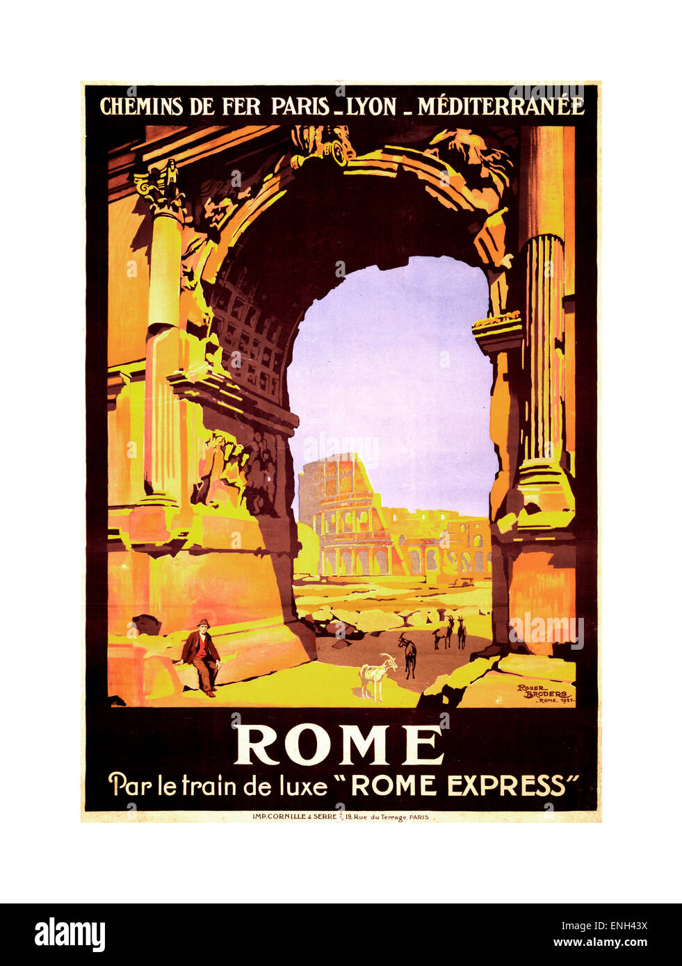 Vintage Reise-Plakat für Rom-Express-Zug Paris-Lyon-Mediterannee Stockfoto