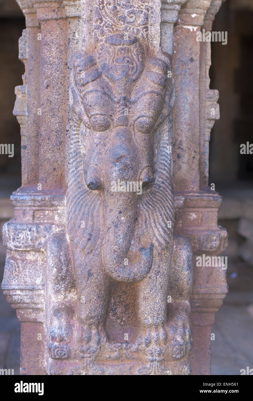 Elefant Skulptur auf Säule Mandapam. Stockfoto