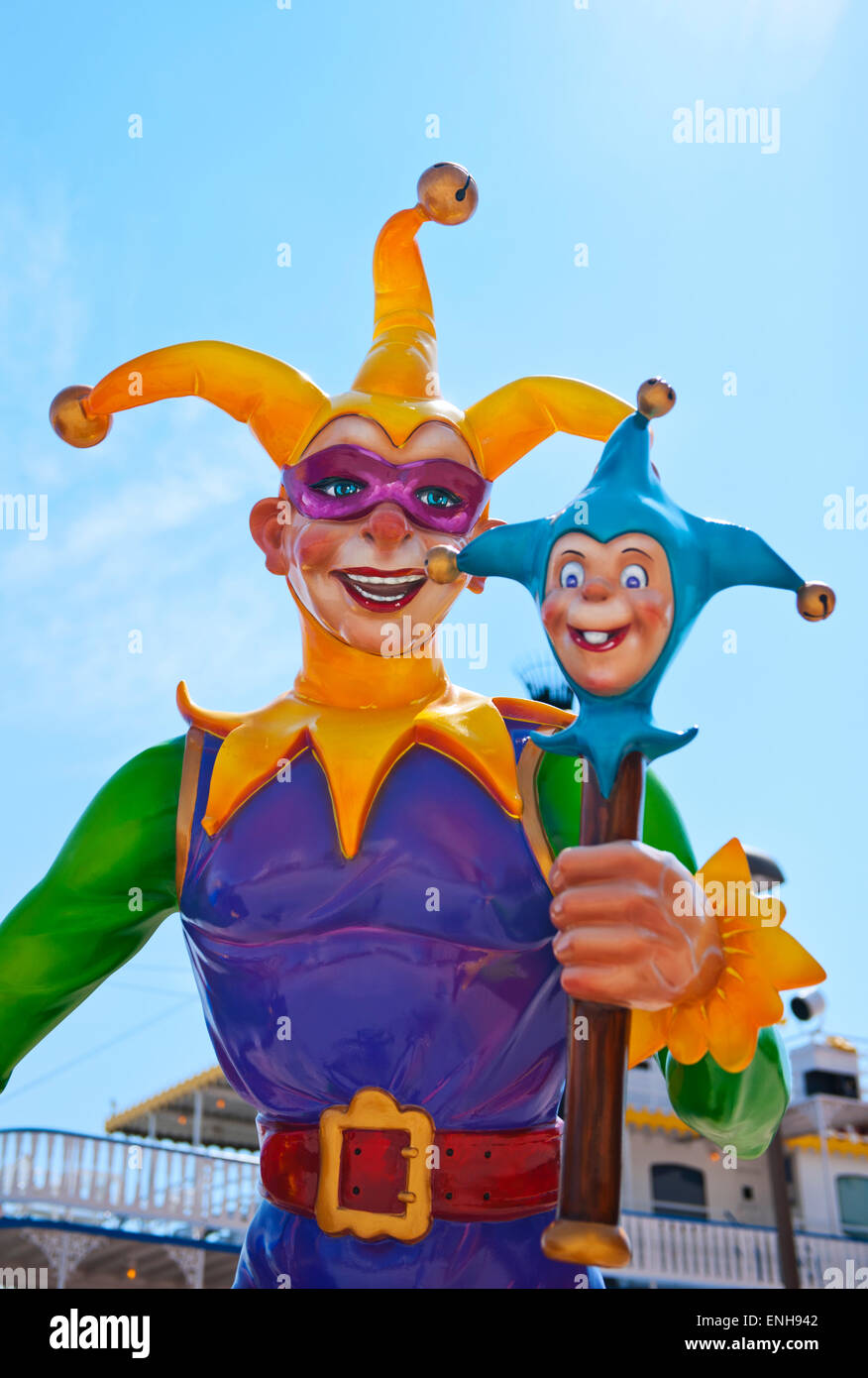 Die kultigen Jester-Statue / Skulptur auf dem berühmten River Walk in New Orleans Louisiana Stockfoto