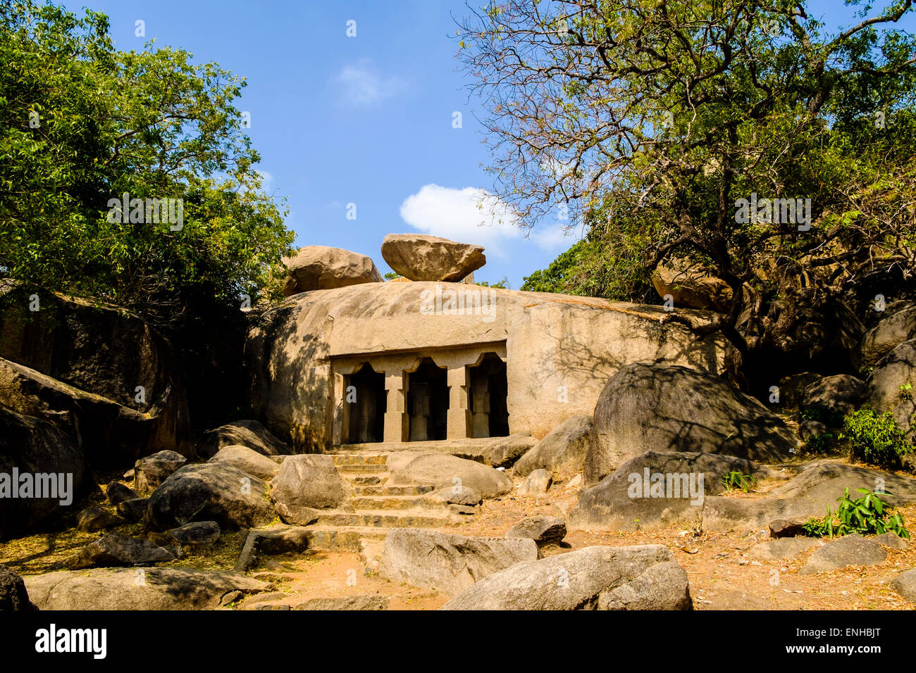 Mahabalipuram ist eine alte historische Stadt 60 km südlich von Chennai, die Gruppe von Denkmälern zum UNESCO-Weltkulturerbe Website. Stockfoto