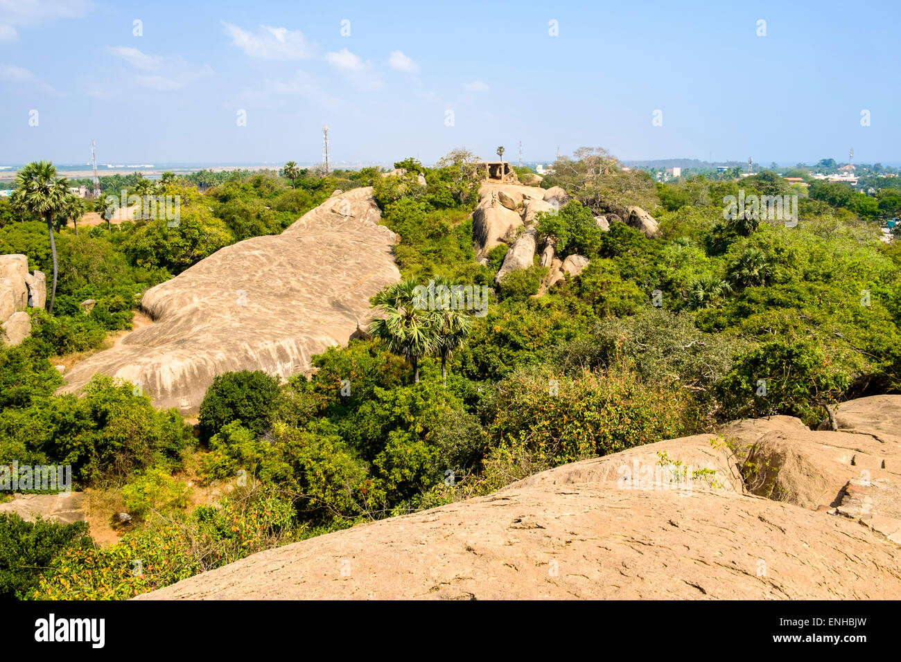Mahabalipuram ist eine alte historische Stadt 60 km südlich von Chennai, die Gruppe von Denkmälern zum UNESCO-Weltkulturerbe Website. Stockfoto