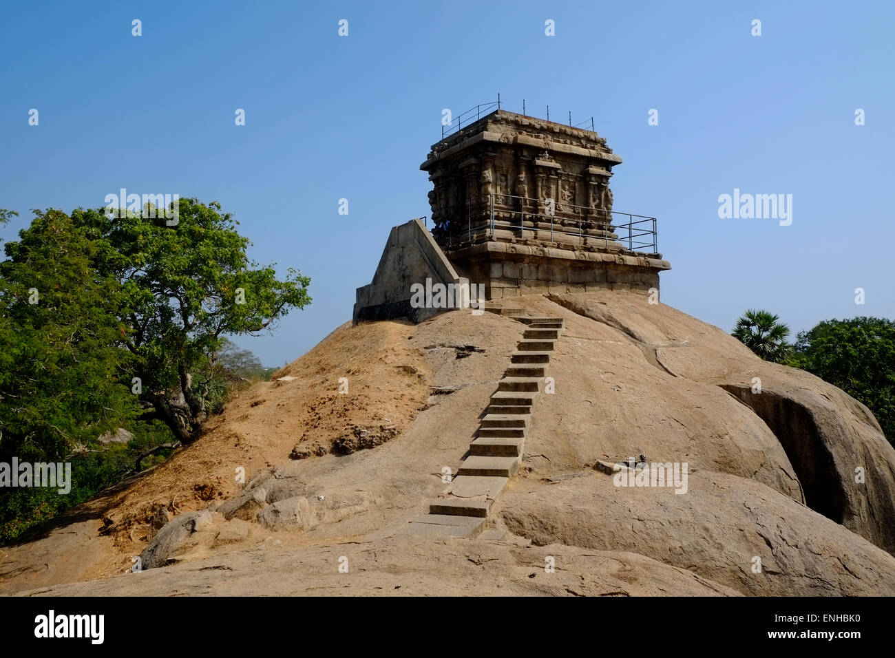 Mahabalipuram ist eine alte historische Stadt 60 km südlich von Chennai, die Gruppe von Denkmälern zum UNESCO-Weltkulturerbe Website. Stockfoto