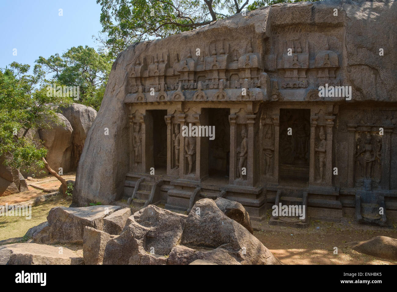 Mahabalipuram ist eine alte historische Stadt 60 km südlich von Chennai, die Gruppe von Denkmälern zum UNESCO-Weltkulturerbe Website. Stockfoto