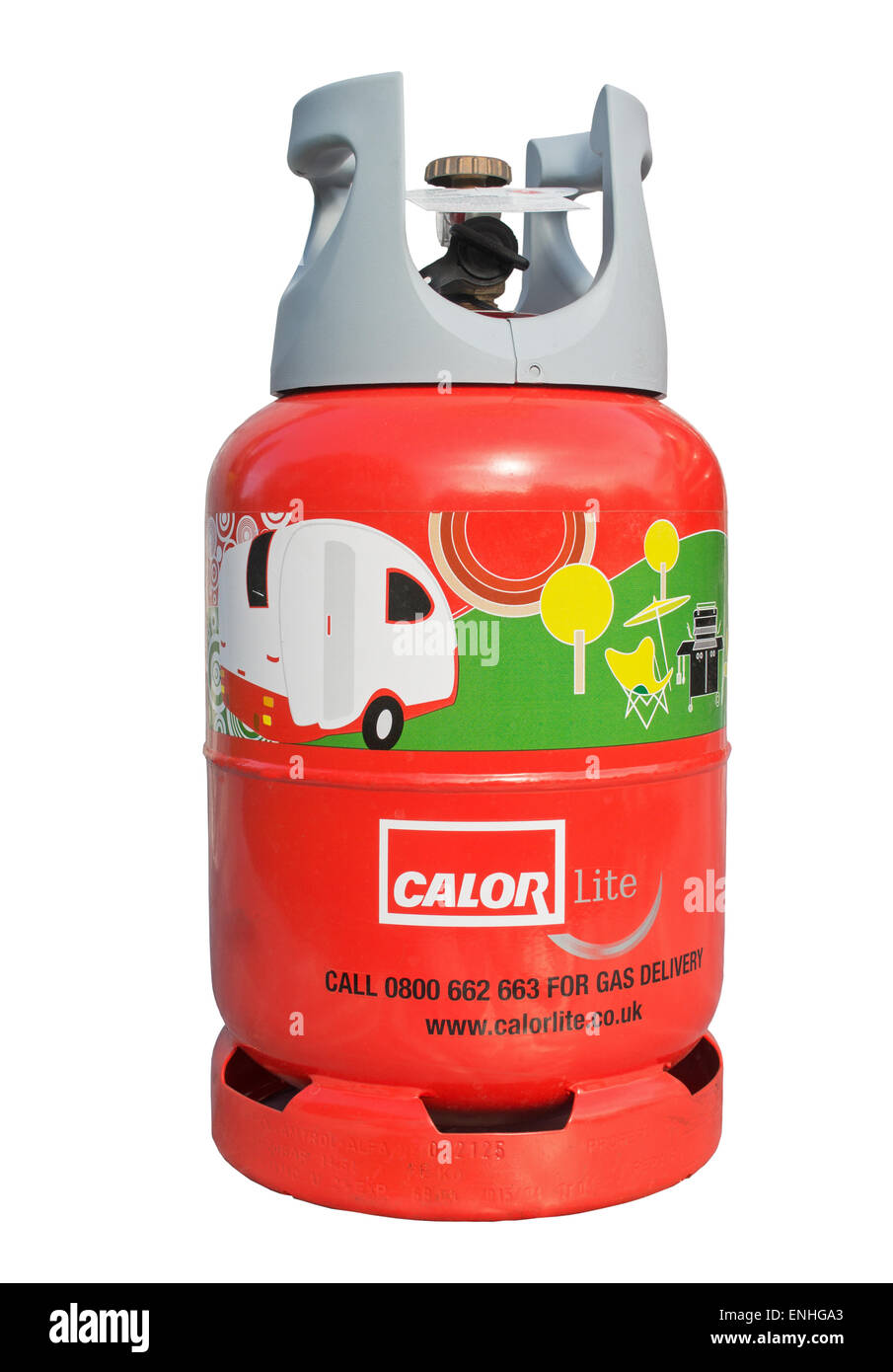 Calor Lite Propan Gasflasche für den Einsatz mit einer Karawane, vor einem weißen Hintergrund isoliert Stockfoto