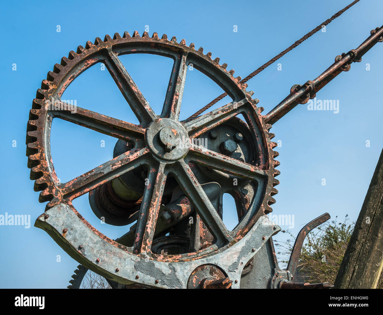 Mechanische Abläufe eines Jahrgangs Kran. Stockfoto