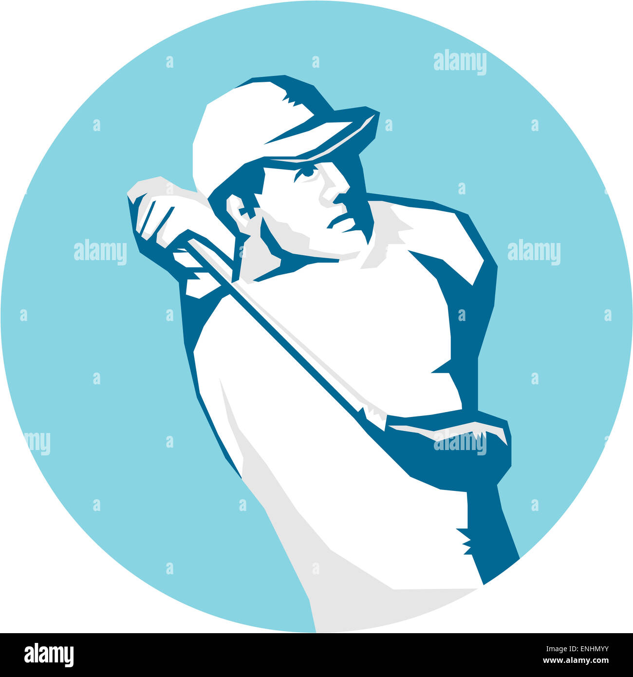 Schablone Stil Abbildung eines Golfer spielen Golf Club Set im inneren Kreis auf isolierte Hintergrund Abschlag schwingen. Stockfoto