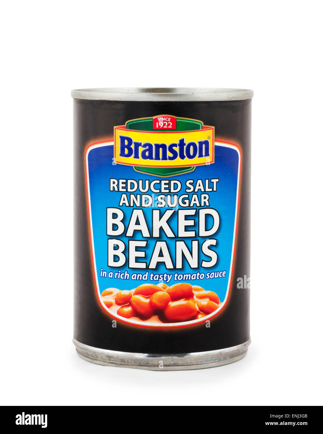 Von Branston kann weniger Salz und Zucker gebackene Bohnen Stockfoto