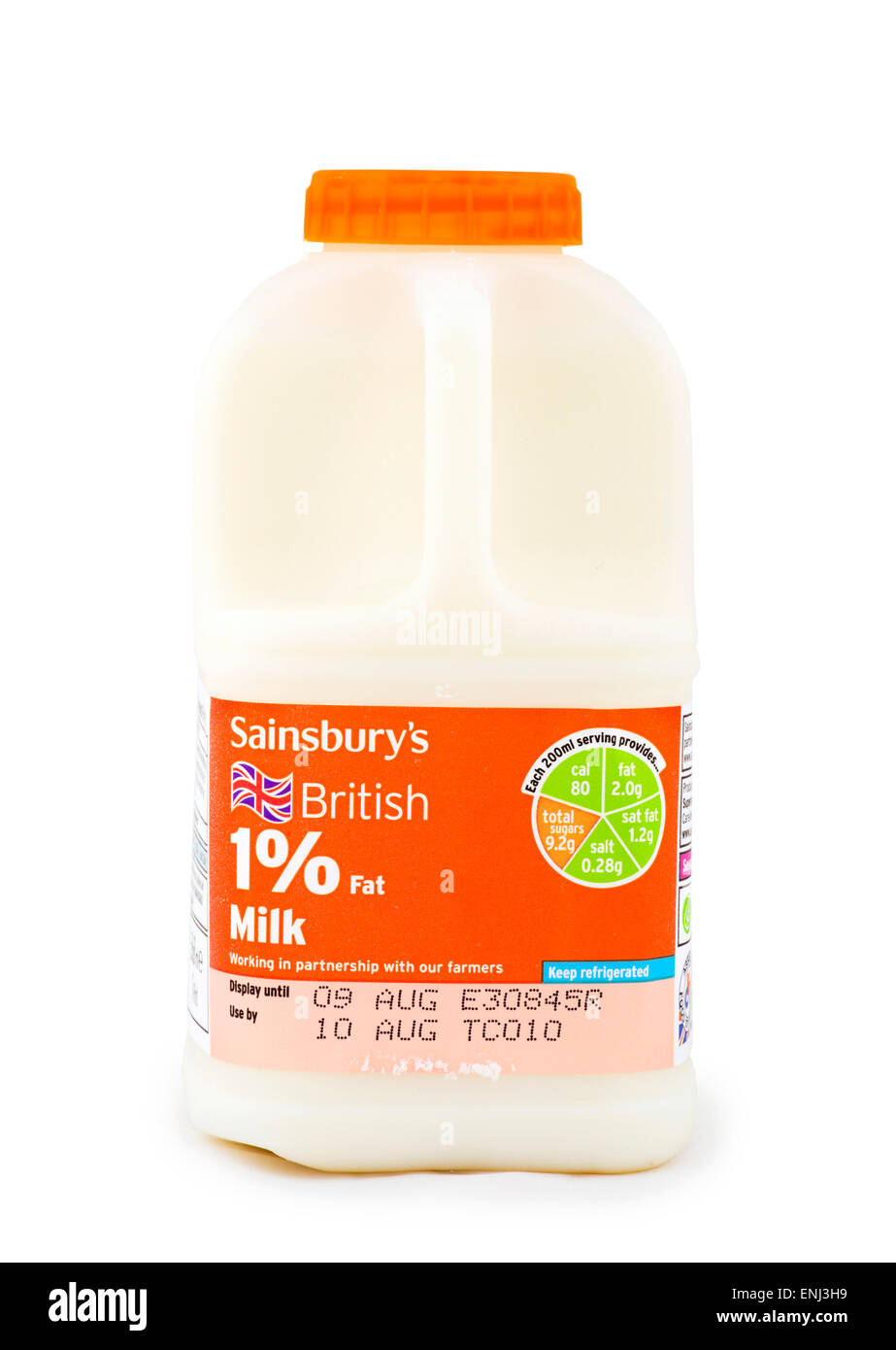 Karton von Sainsbury's 1 % Fett Milch, UK Stockfoto