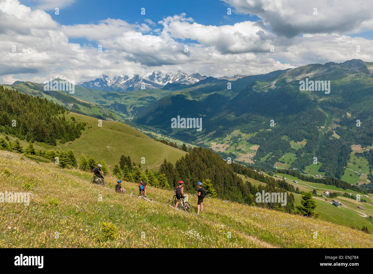 Radfahrer genießen das Panorama der Mont-Blanc & Alpenkette. Beaufortain & Val Arly Region. Département Savoie. Fr Stockfoto